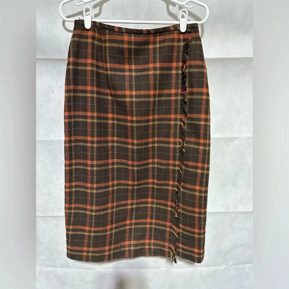 Vintage Michele Plaid Wool Midi Fall Academia 90s Y2K Skirt Fringe Womens Size 8